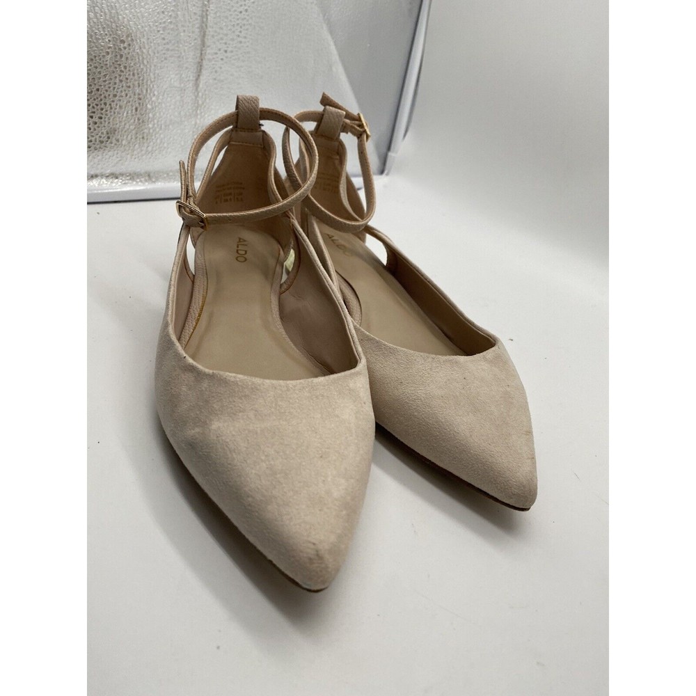 Aldo Shoes Womens Size 8 Beige Suede Block Heel Ankle Strap Pointed Toe Flats
